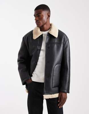 Asos Design Oversized Aviator Jacket With Contrast Collar In Black