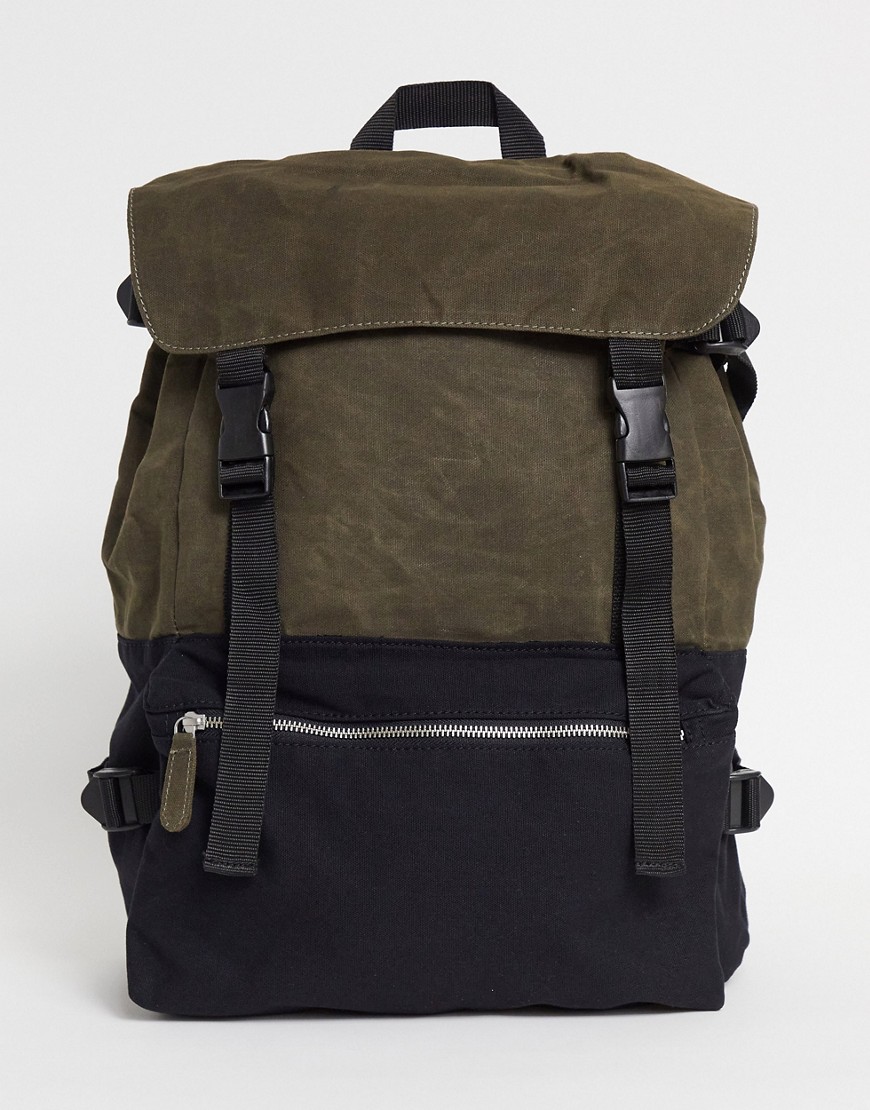 ASOS DESIGN oversized backpack in black and khaki canvas with multi-compartments-Green