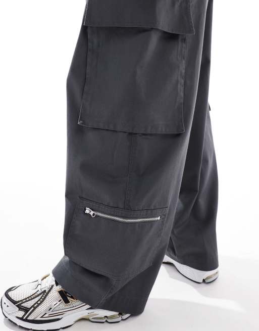 ASOS DESIGN oversized baggy cargo trousers with zip details in charcoal, 4 of 5