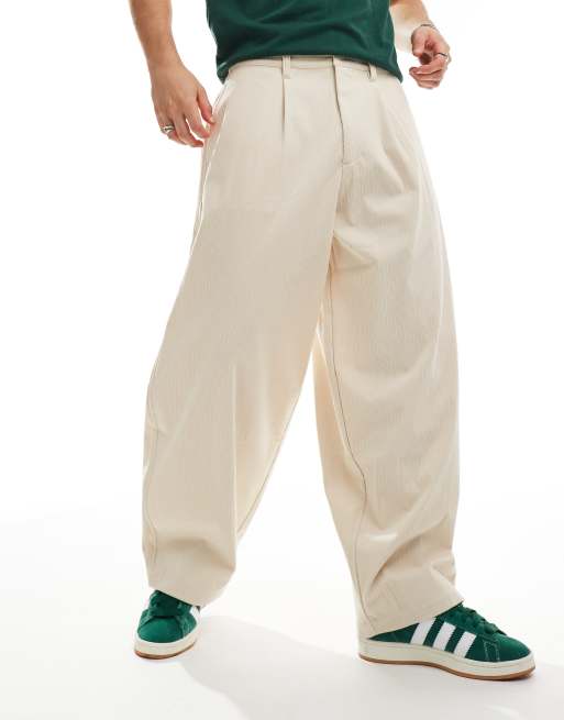 ASOS DESIGN oversized baggy cord trouser with pleats in cream , 4 of 5