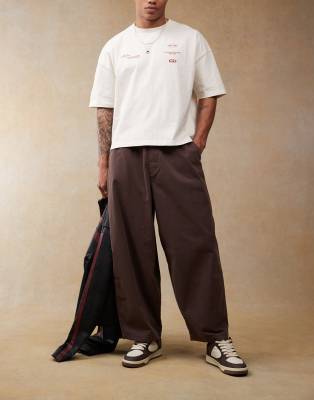 Asos Design Oversized Baggy Pants With Elastic Waist In Brown