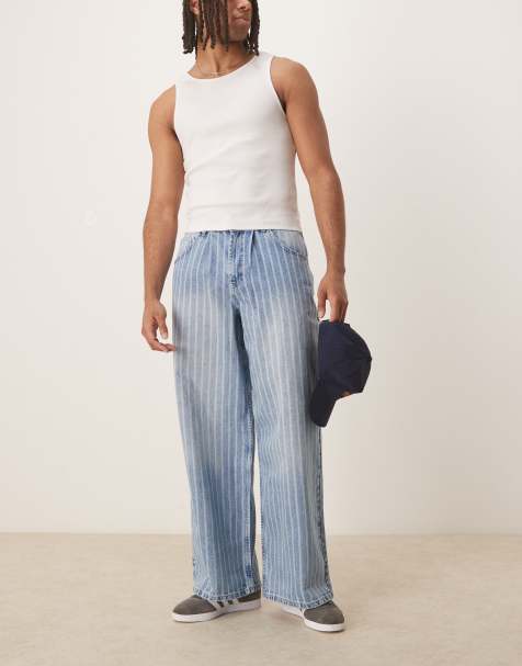 ASOS DESIGN oversized baggy striped jeans with pleats in light wash blue - view 1