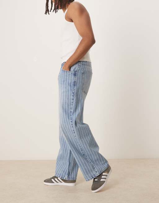 ASOS DESIGN oversized baggy striped jeans with pleats in light wash blue, 4 of 5