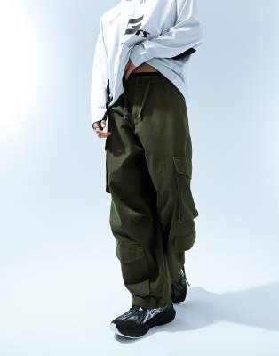 Asos Design Oversized Balloon Canvas Cargo Pants In Khaki-green