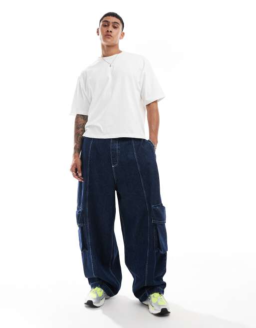 FhyzicsShops DESIGN oversized balloon jeans with cargo pockets in dark wash blue