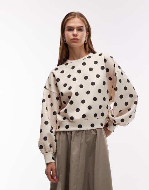 ASOS DESIGN oversized balloon sleeve scuba-style fabric sweatshirt in cream polka dot - view 1
