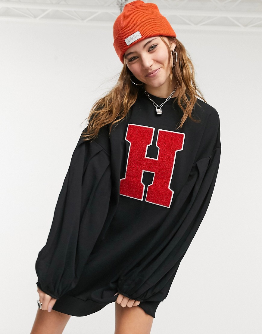 ASOS DESIGN oversized balloon sleeve sweat mini dress with letter graphic in black and red