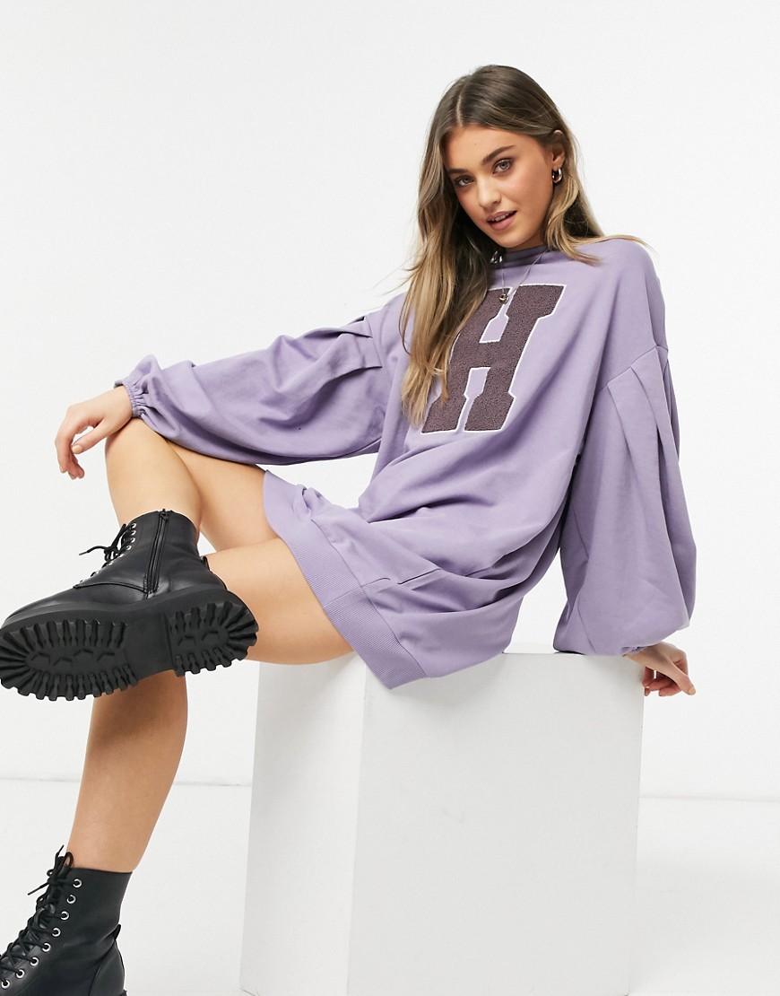 ASOS DESIGN oversized balloon sleeve sweatshirt mini dress with letter graphic in purple ash