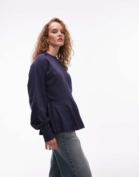 ASOS DESIGN oversized balloon sleeve top with peplum hem in navy - view 1