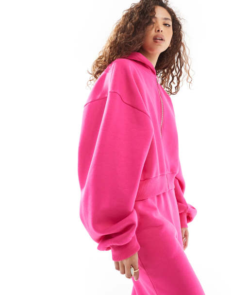 ASOS DESIGN oversized balloon sleeve zip through hoodie in pink (part of a set) - view 1
