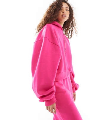 oversized balloon sleeve zip up hoodie in pink - part of a set-Red