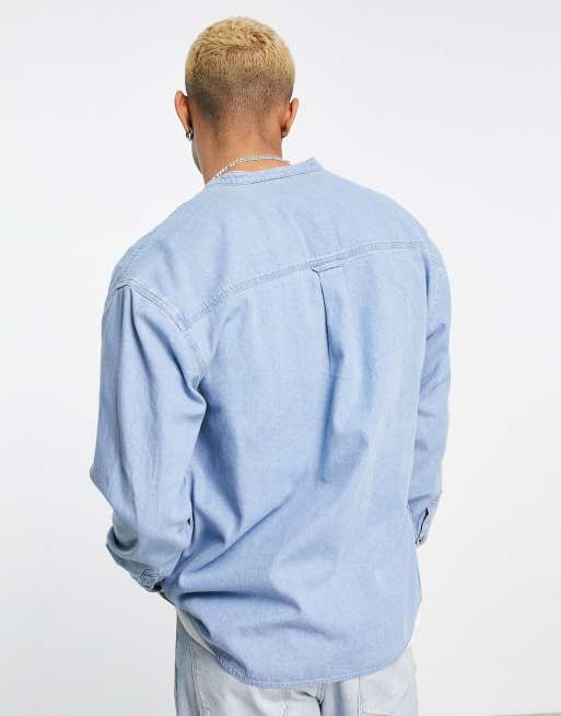 ASOS DESIGN oversized band collar denim shirt in light wash blue