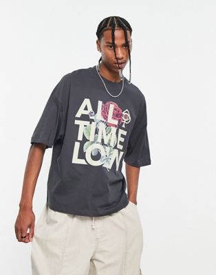ASOS DESIGN oversized band t-shirt with All Time Low print in charcoal-Black