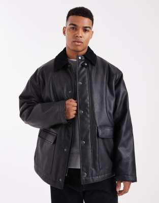 Asos Design Oversized Barn Jacket With Corduroy Collar In Black