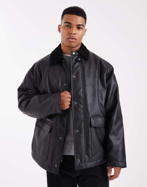ASOS DESIGN oversized barn jacket with corduroy collar in black - view 1