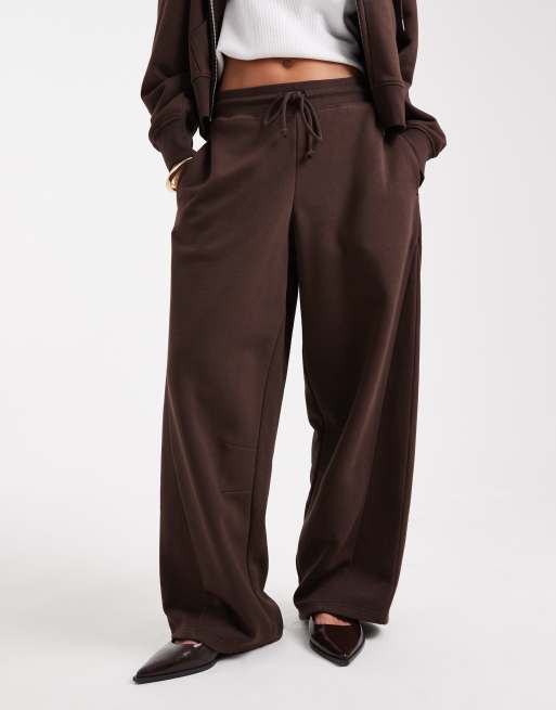 ASOS DESIGN oversized barrel leg brushback sweatpants with seam detail in chocolate brown