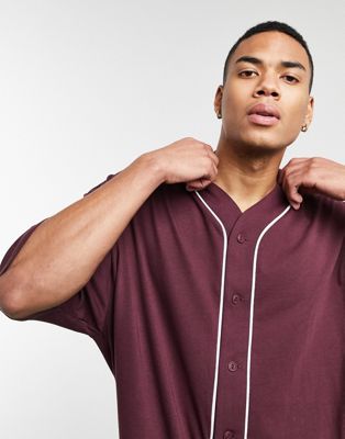 ASOS DESIGN oversized baseball jersey shirt in burgundy