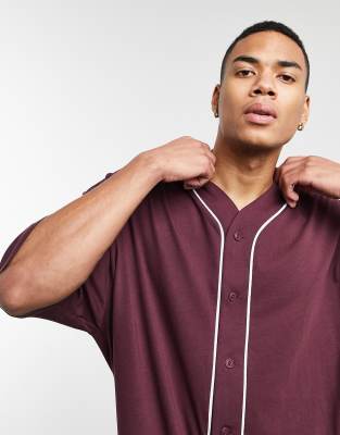 ASOS DESIGN oversized baseball jersey shirt in burgundy