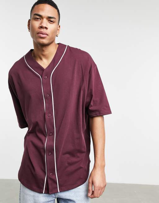 massa leerling Feat ASOS DESIGN oversized baseball jersey shirt in burgundy | ASOS