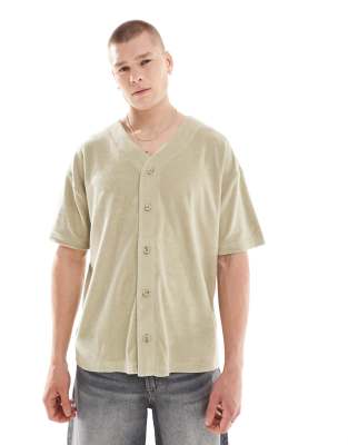 ASOS DESIGN oversized baseball shirt in green towelling