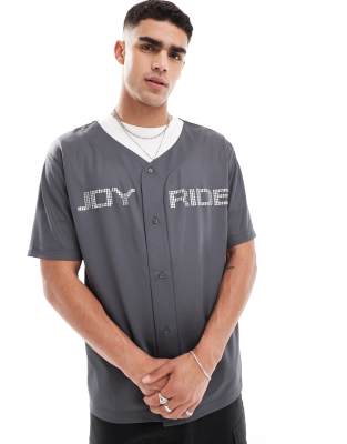 ASOS DESIGN oversized baseball shirt in grey sporty mesh with hot fix text