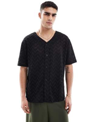 ASOS DESIGN oversized baseball shirt in open texture-Black