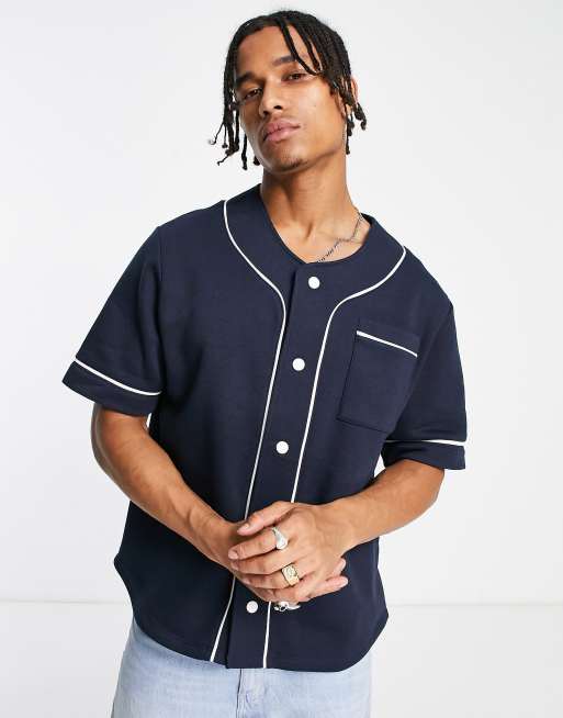 ASOS DESIGN oversized jersey baseball shirt in navy