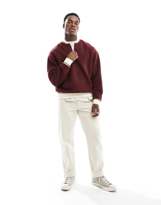 ASOS DESIGN - Oversized baseball-sweatshirt van borg met korte rits in bordeauxrood