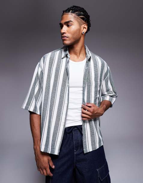 ASOS DESIGN oversized basket weave stripe shirt with half sleeve in green and white - view 1