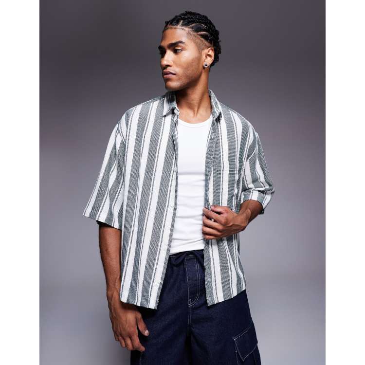 ASOS DESIGN oversized basket weave stripe shirt with half