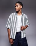 [ASOS DESIGN] ASOS DESIGN oversized basket weave stripe shirt with half sleeve in green and white-Red XS GREEN