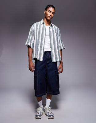 Asos Design Oversized Basket Weave Stripe Shirt With Half Sleeve In Multi