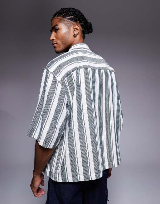 ASOS DESIGN oversized basket weave stripe shirt with half sleeve in green and white, 3 of 5