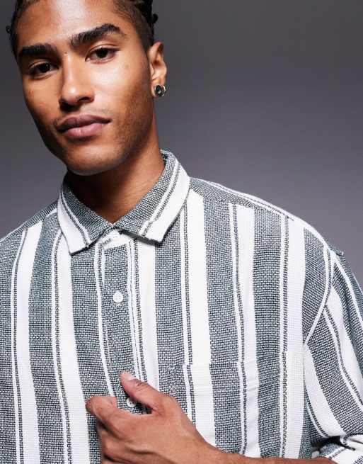 ASOS DESIGN oversized basket weave stripe shirt with half sleeve in green and white, 5 of 5