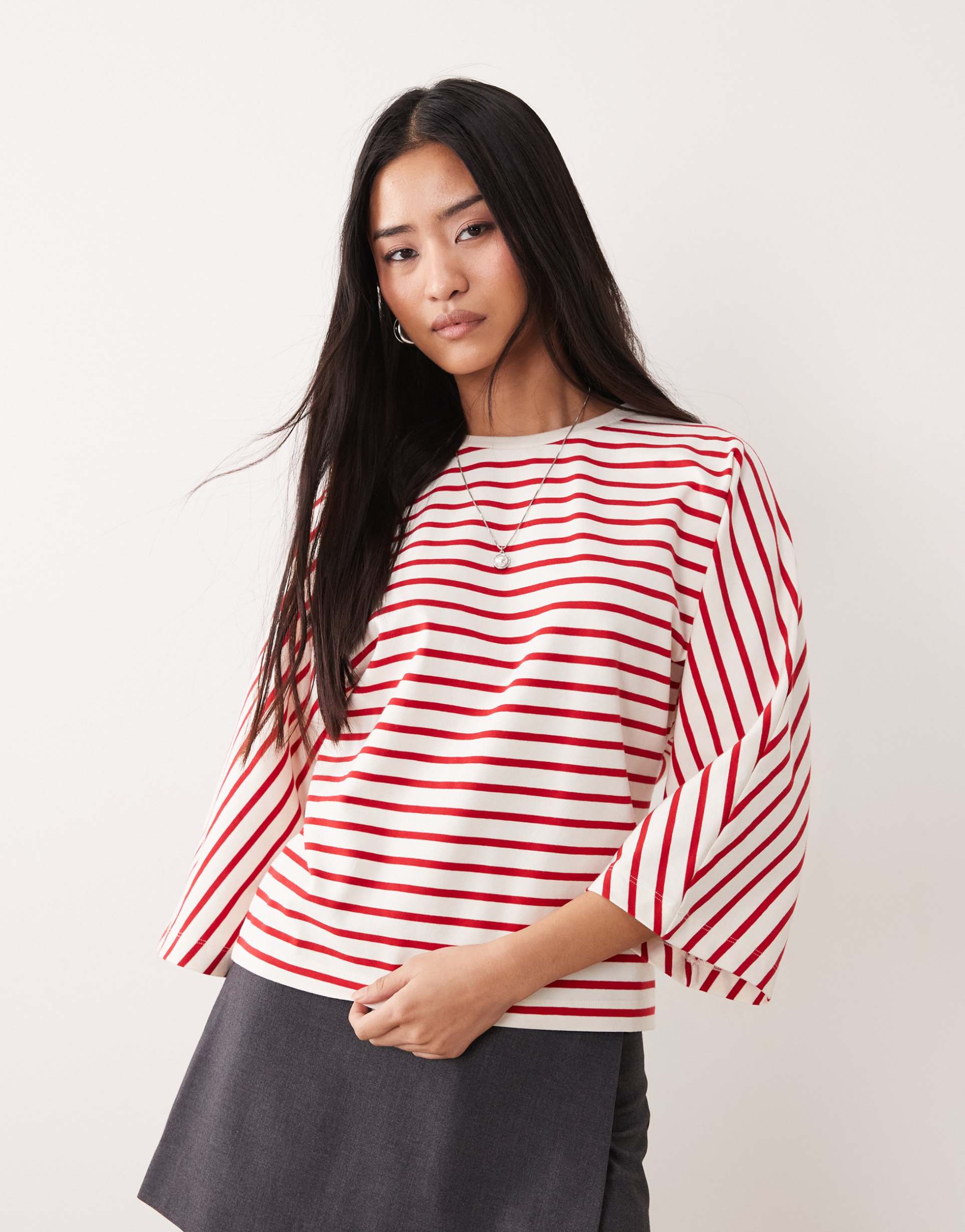 asos design oversized batwing sleeve top in red and white stripe
