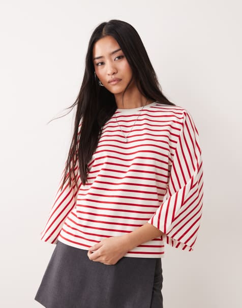 ASOS DESIGN oversized batwing sleeve top in red and white stripe