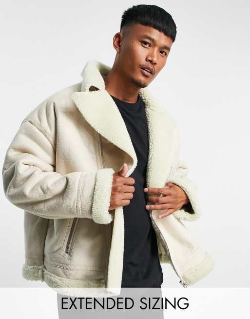 ASOS DESIGN - Oversized beige bikerjakke med for i imiteret lammeskind