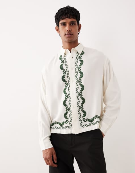 ASOS DESIGN - Oversized beige skjorte med firkantet pasform og kantbroderinger - view 1