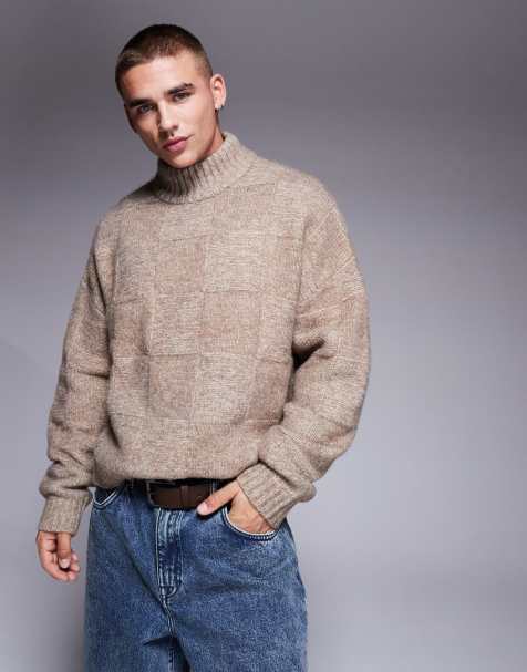 ASOS DESIGN - Oversized beige striktrøje med firkantet pasform og høj hals - view 1