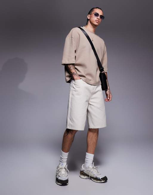 ASOS DESIGN - Oversized beige T-shirt med halve ærmer og firkantet pasform samt vaffeltekstur  , 2 af 4
