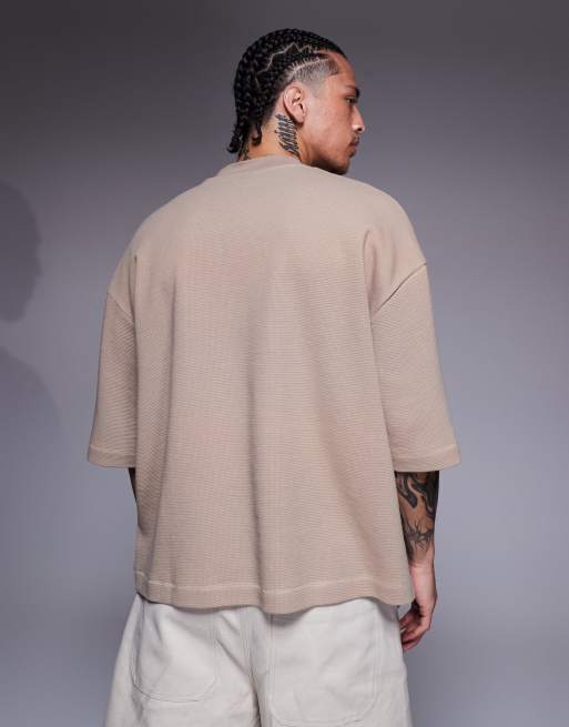ASOS DESIGN - Oversized beige T-shirt med halve ærmer og firkantet pasform samt vaffeltekstur  , 4 af 4