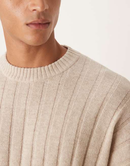 ASOS DESIGN - Oversized beigemeleret strikket lammeuldtrøje med rund hals og ribkant, 5 af 5