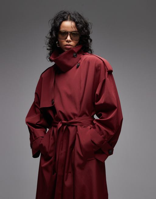 ASOS DESIGN oversized belted maxi trench coat in red, 2 of 4