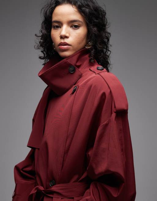 ASOS DESIGN oversized belted maxi trench coat in red, 3 of 4
