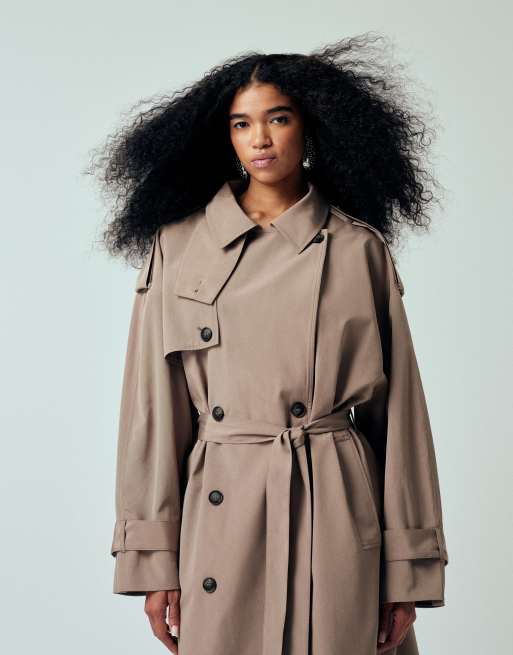 ASOS DESIGN oversized belted maxi trench coat in stone, 2 of 4