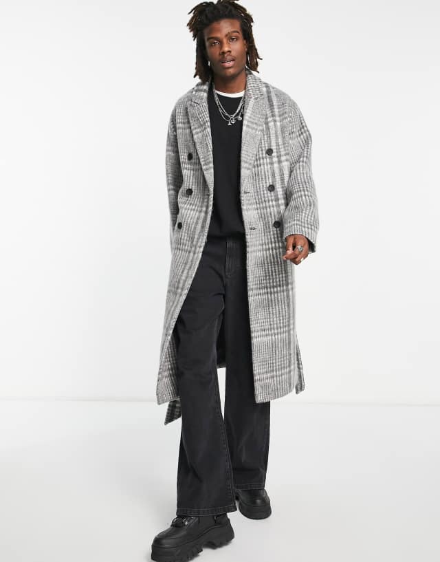 ASOS DESIGN oversized belted overcoat in gray plaid