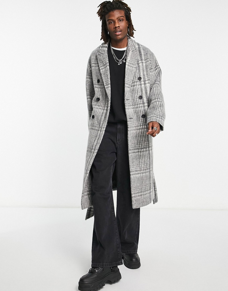 ASOS DESIGN oversized belted overcoat in grey check