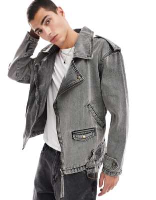 oversized biker jacket in washed gray