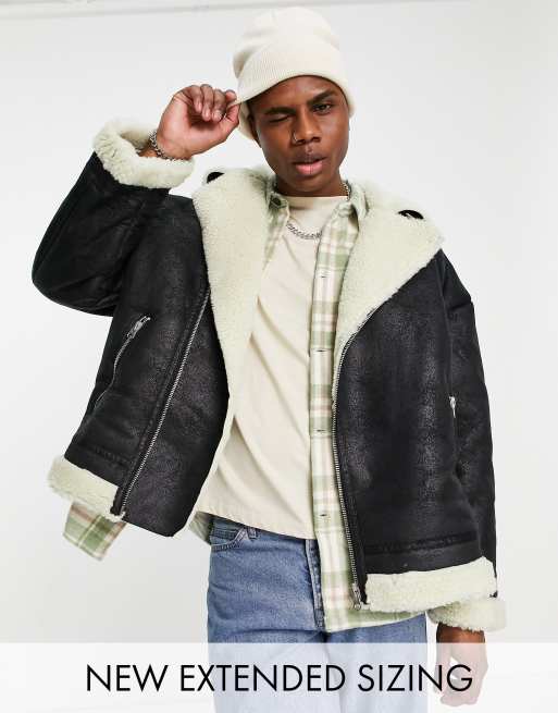 ASOS DESIGN - Oversized bikerjack gevoerd met borgvoering in zwart