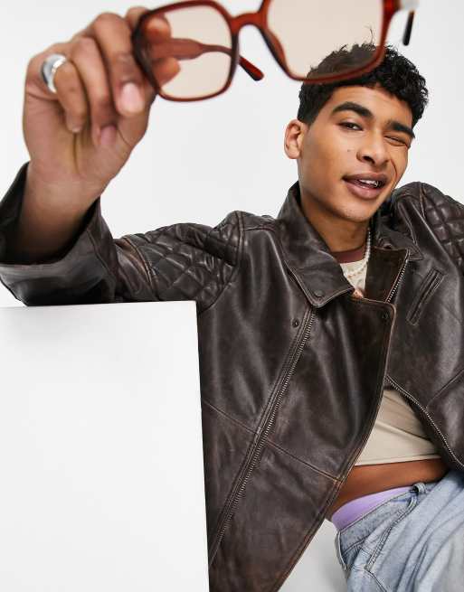 ASOS DESIGN - Oversized bikerjack van echt leer met stiksel in bruin 